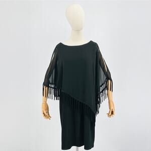 90s Black Chiffon Layered Poncho Sleeveless Shift Midi Dress With Fringe